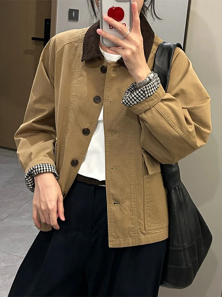 

Retro Workwear Style High-End Color Block Jacket Women's Spring Autumn Trendy Collared Slim Fit Casual Coat Top