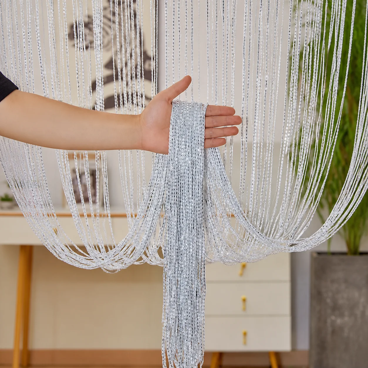 Shiny Dense Silver Thread Tassel String Curtain 100×200cm S-Shape Partition Door Curtain For Home Wedding Party Decor