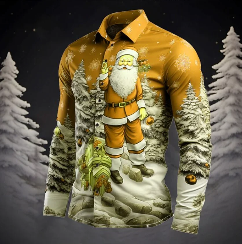 Christmas Theme Men Casual Long Sleeve 3D Star Printed Street Party Long Sleeve Soft and Comfortable Shirt Santa Hot Sale