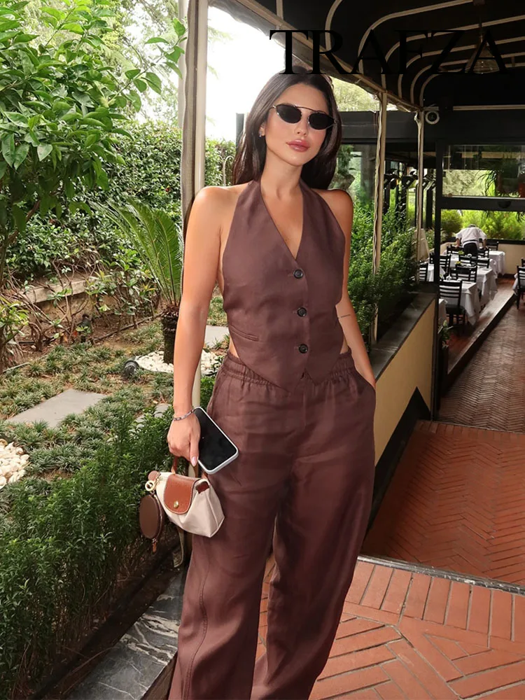 TRAFZA 2024 Summer Women Fashion Trouser Suits Flax Backless Halter Neck Camis Top + Chic Elegant Female Wide Leg Long Pant