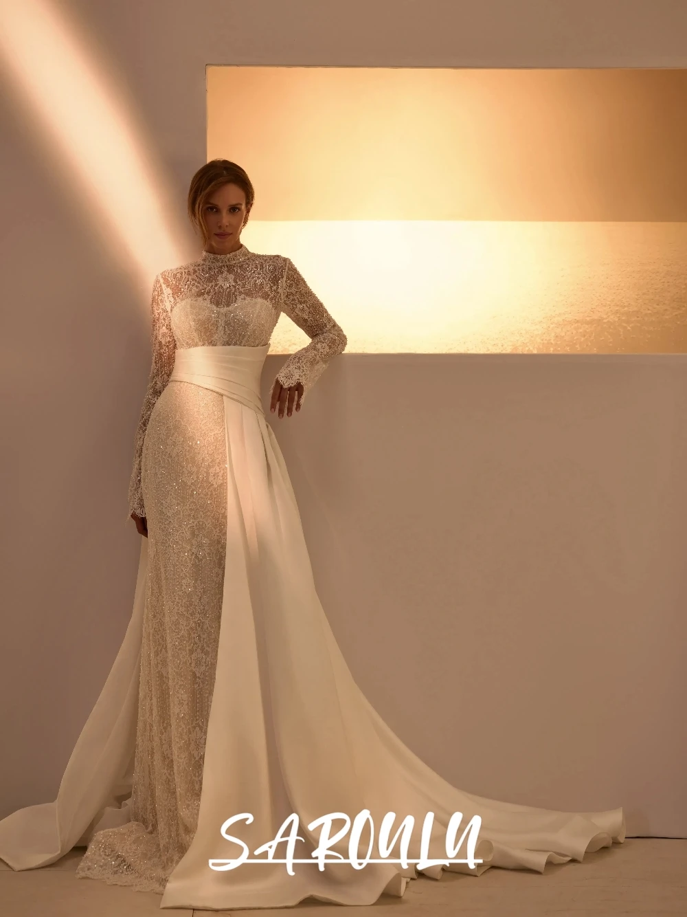 

Dazzling Lace Open Back Wedding Dress Elegant Satin Train Customized High Neck Gorgeous Beautiful Bridal Gown Fitted Waist