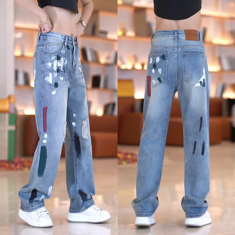 

Мужские рваные джинсы American Style: повседневные свободные длинные брюки для молодежи, осенняя новинка