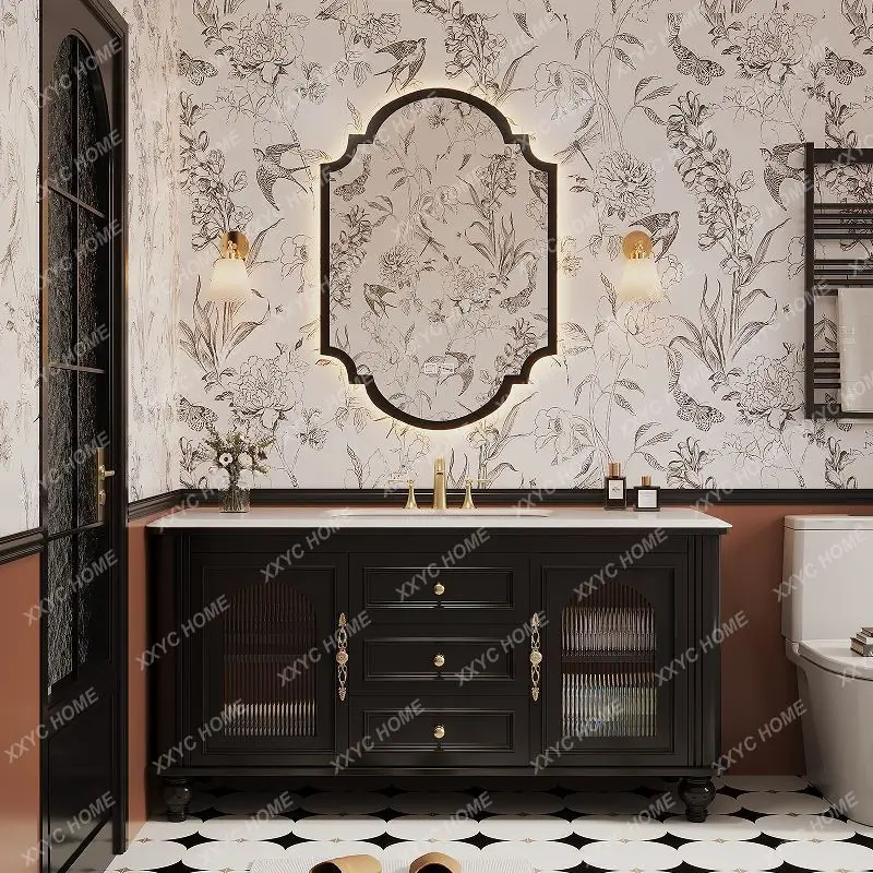L solid wood bathroom cabinet toilet washstand floor type light luxury washbasin cabinet mirror cabinet