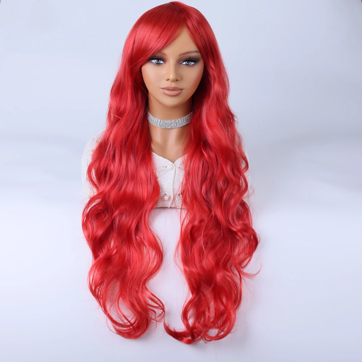 

Rose red diagonal bangs long curly wavy wig for women natural synthetic curly heat-resistant fiber wig for daily Cosplay