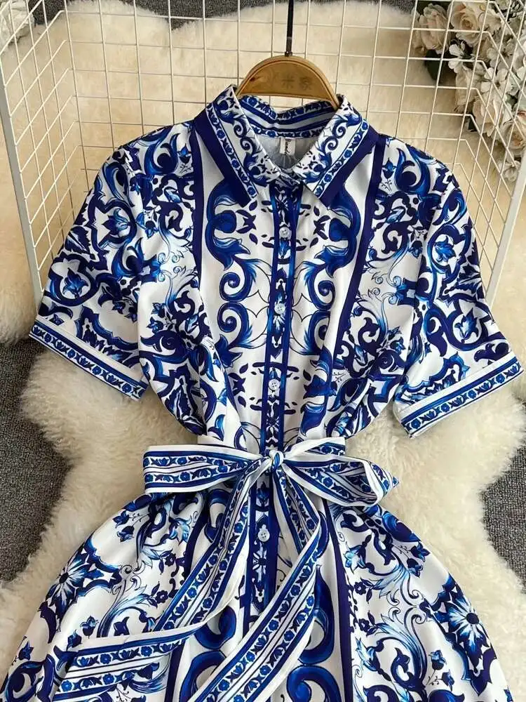 Robe mi-longue à fleurs pour femmes, robe à simple boutonnage, manches courtes, bleu, blanc, imprimé porcelaine, robe éducative, vacances d'été, nouveau