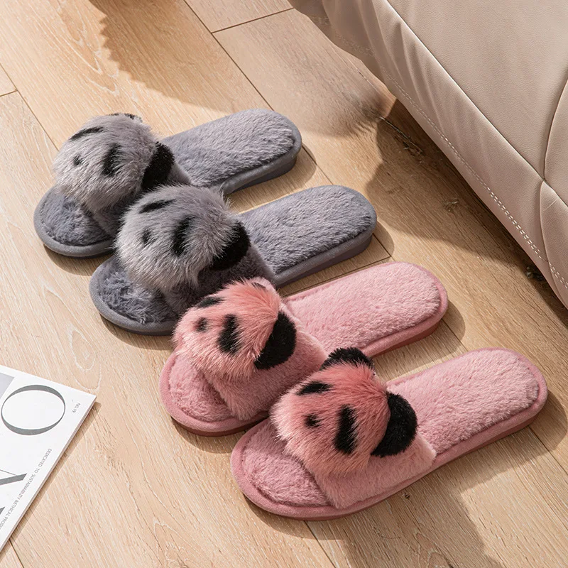 Fluffy Panda Women's Home Slippers Autumn Winter Plush Luxury Designer Woman Shoes Flats Indoor Casual Fuzzy Fur Slides Elegant