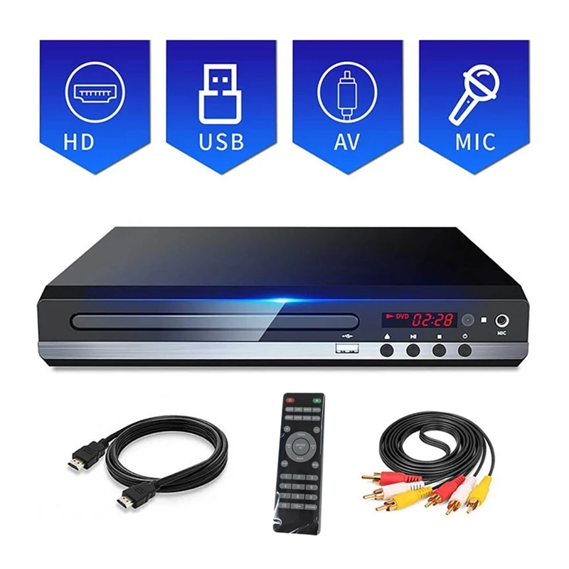 DVD Player 1080P HD Home DVD Player Box For TV All Region Free DVD CD-Disk Player AV-Output EVD Player--EU Plug Durable Black