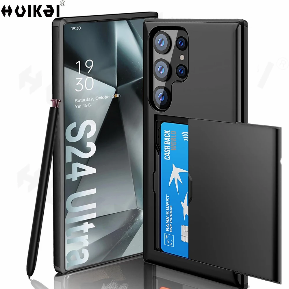 Portemonnee Kaarthouder Hoesje Voor Samsung Galaxy S24 Ultra S23 S22 Note 20 S23 Fe Slide Slot Slanke Harde Pc Zware Beschermhoezen