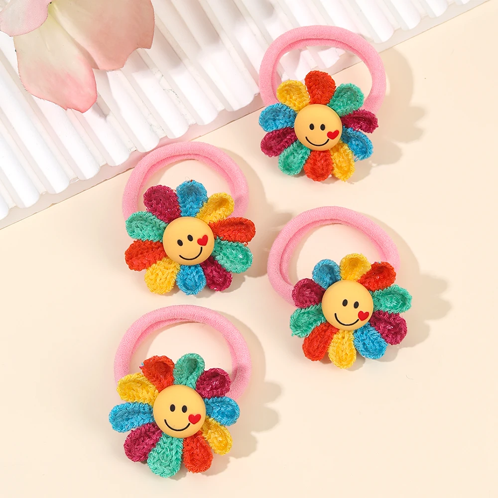 4Pcs Knitted Sunflower Hair Ties Cute Smiley Elastic Scrunchies Stretchy Ponytail Holders For Girls Kids Headdress Accessories