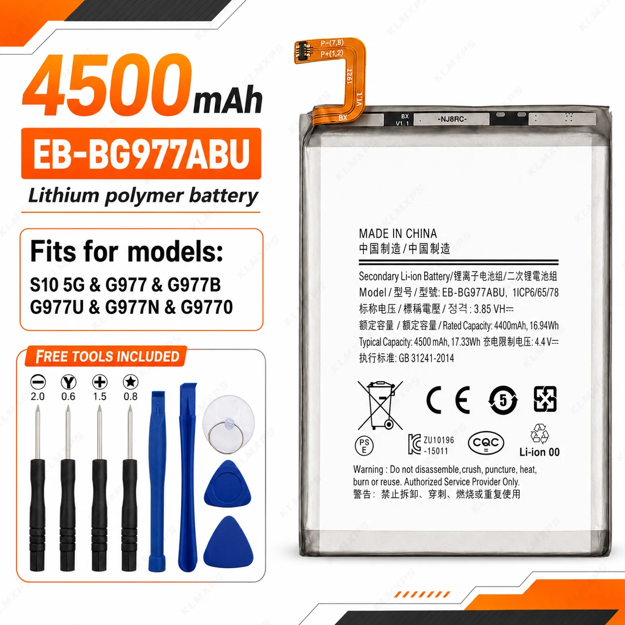 Replacement Battery for Samsung Galaxy S10 5G EB-BG977ABU 4500mAh SM-G977 SM-G977V/U/T with Repair Tools