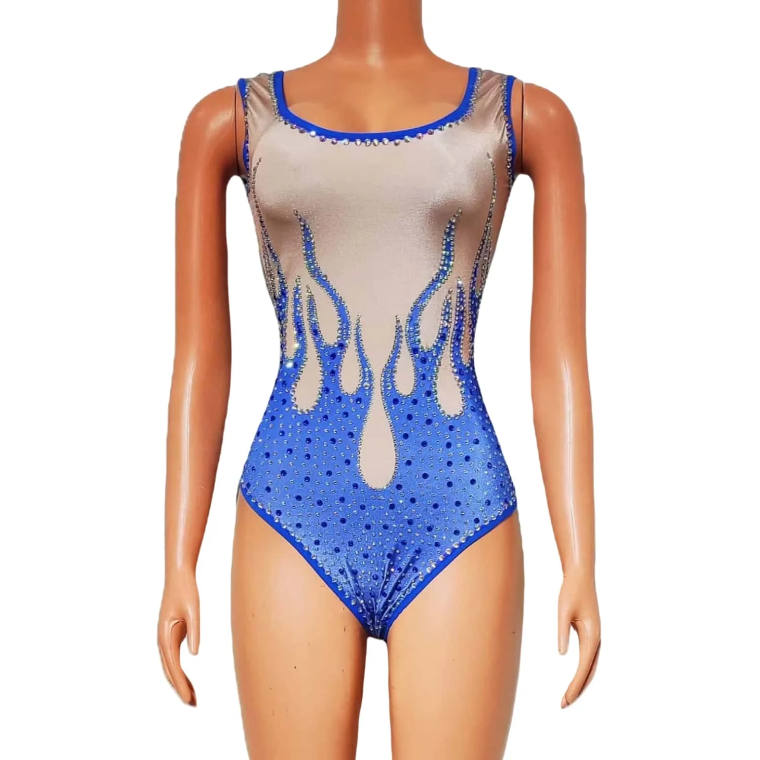 

Huoyan Fashion Women Jumpsuit Blue Flame Print Sleeveless Jumpsuit Bar Stage Performance Costume Pool Party Music Festival Dress