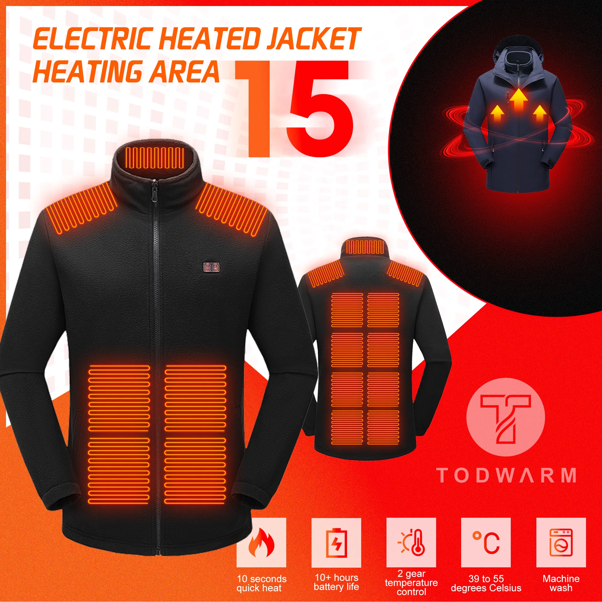 TODWARM Heated Jacket Winter Heating Motorcycle Jacket USB Electric Heating Jackets Hooded Camping Warm Heated Clothes Skiing