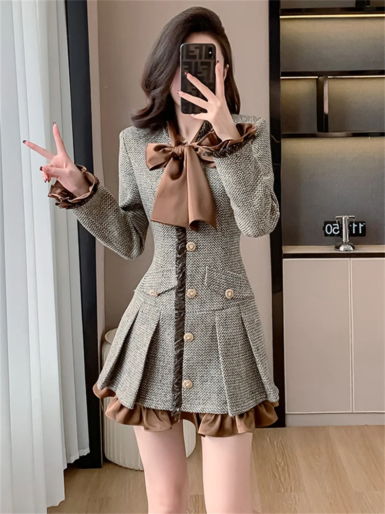 2024 Autumn Winter New Fashion Women Tweed Dress Long Sleeve Short Vestidos De Fiestas Elegante Mujer Robes Evening Party Dress