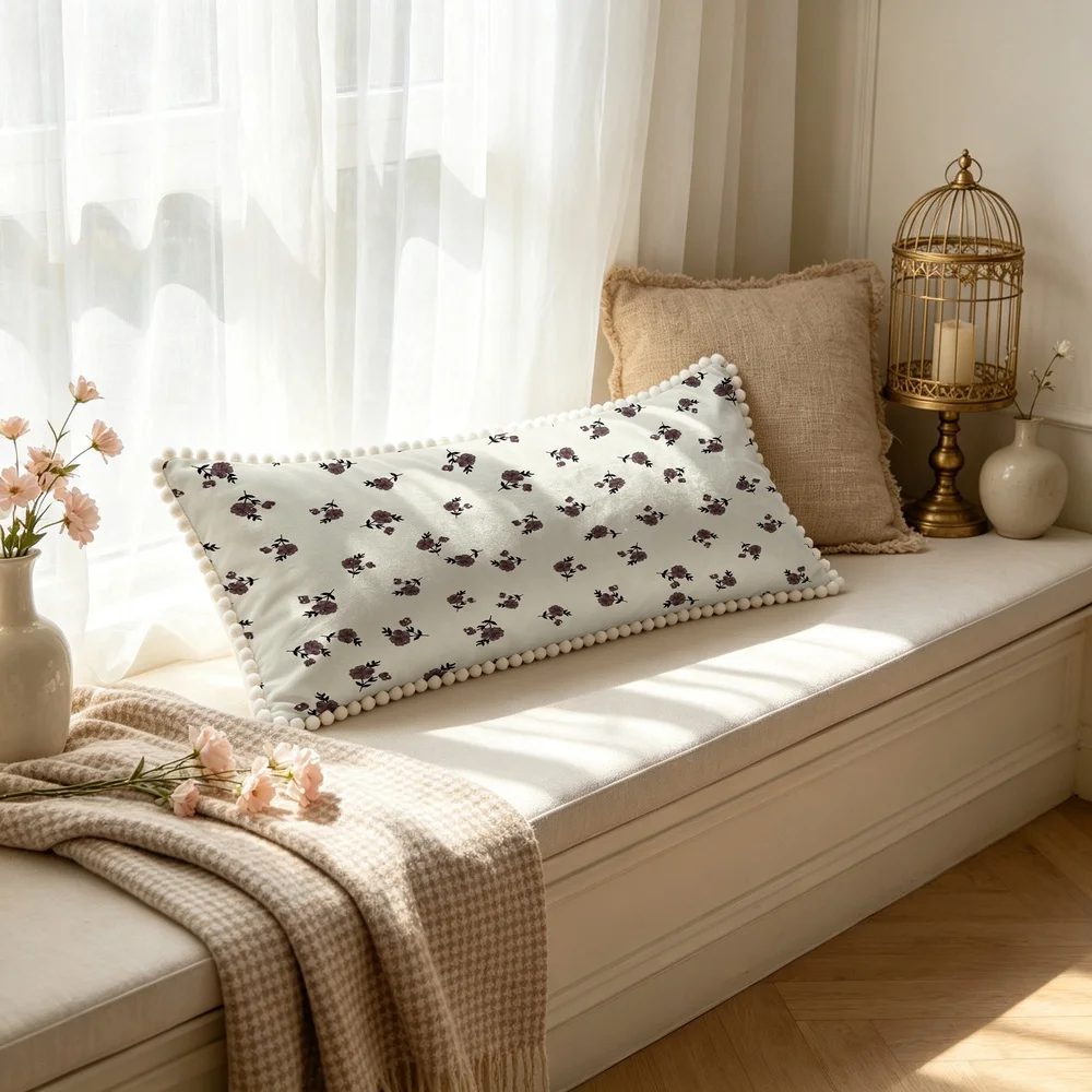 1PC Cream Background with Purple Small Wildflowers and Branches, Vintage Minimalist Elegant Floral Long Pillow Cover with Pom