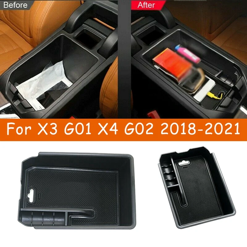 Car Central Console Armrest Box Storage Box Pallet Tray Container with Rubber Mat for X3 G01 X4 G02