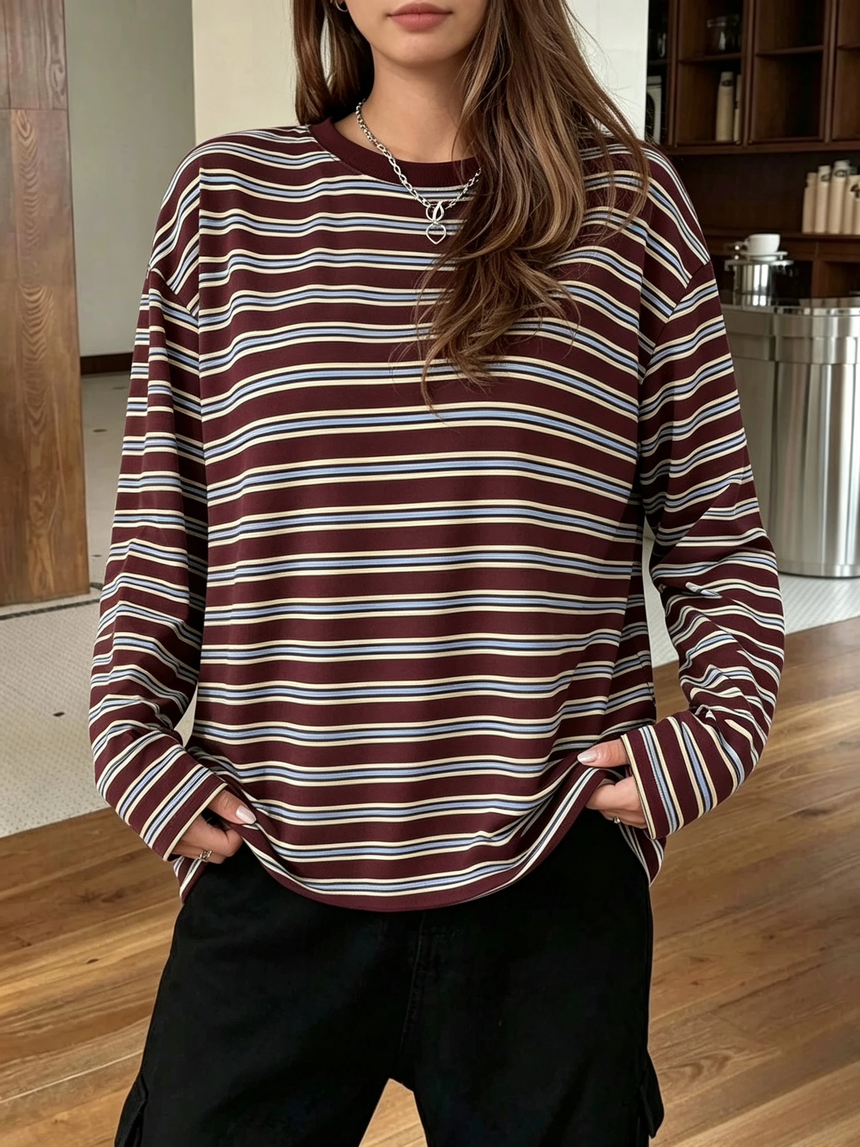 American Retro Style Color-Blocked Fine Striped Round Neck Long-Sleeve Top, Relaxed Oversized Fit, Versatile and Slimming