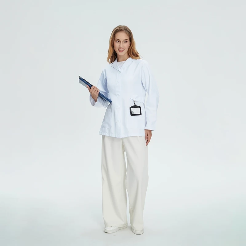 여성 간호사 긴 소매 흰색 코트 통기성 전문 실험실 병원 의사 유니폼 대학 작업복 재킷