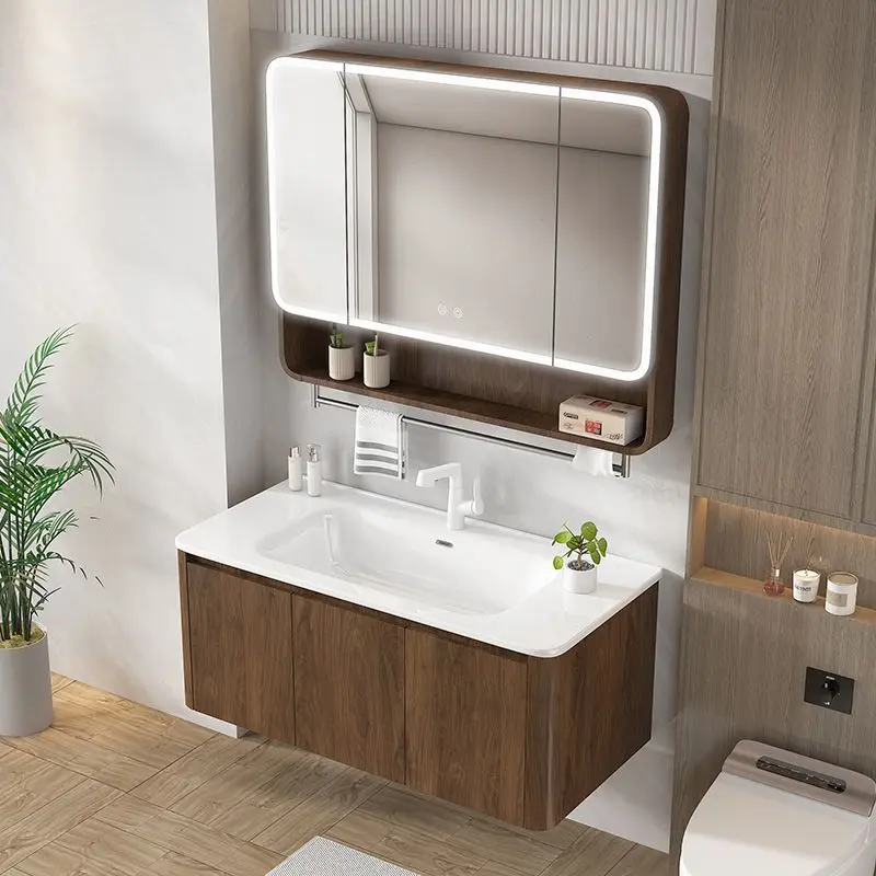 Walnut color thickened honeycomb space aluminum arc bathroom cabinet integrated ceramic wash basin combination wash basin
