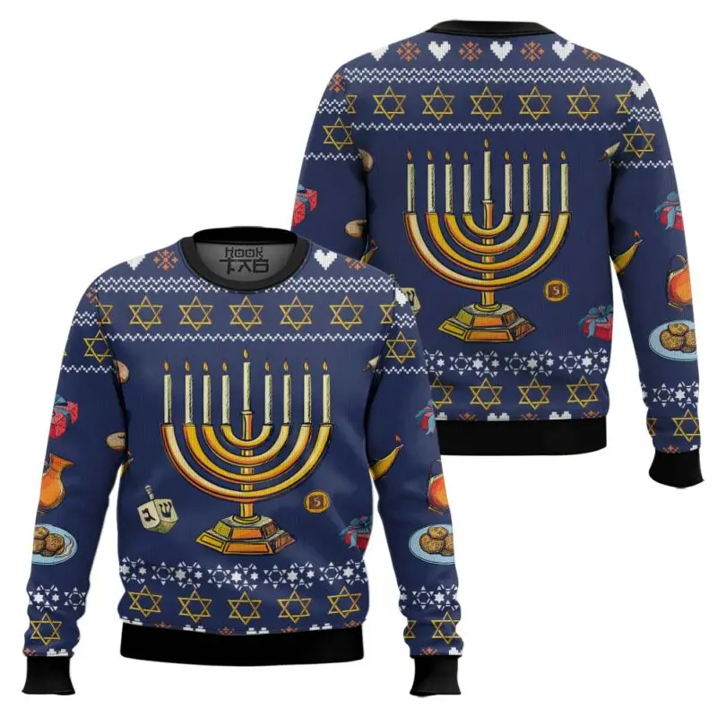 Weihnachts-Hirly-Pullover, Chanukka, Davids Star, jüdischer Laternenturm, Schneehirsch, Festival-Atmosphäre, weicher und bequemer Pullover