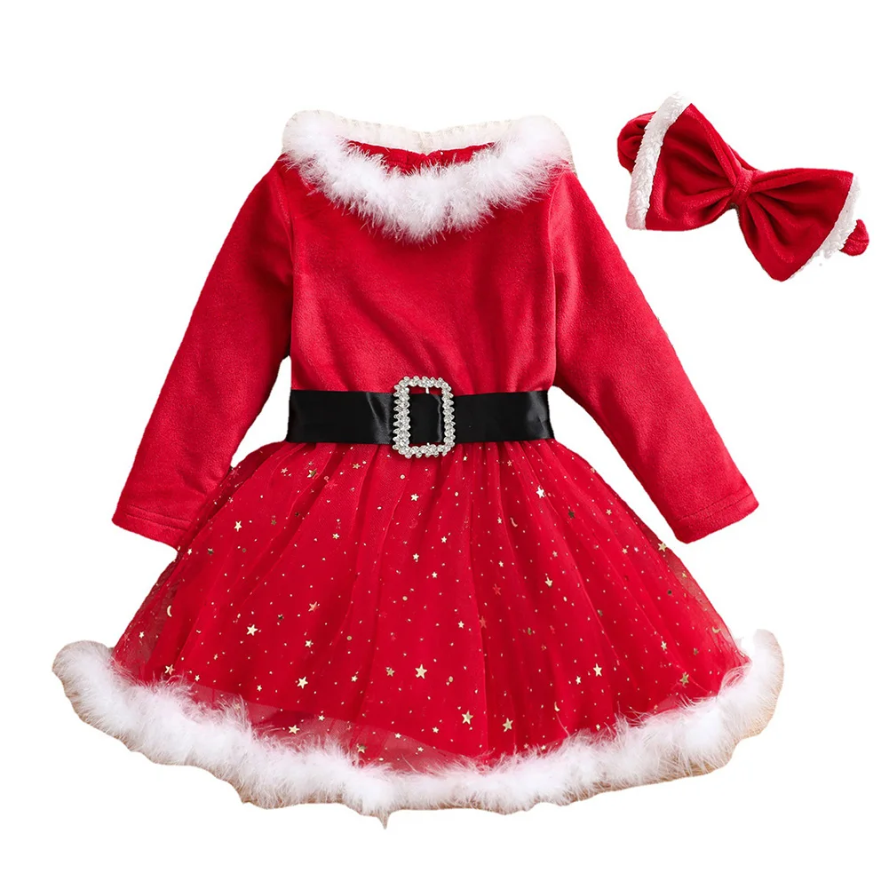 Baby 1-6Y Christmas Red Dress For Kid Girls Toddler Children Sequins Tulle Tutu Party Dresses Long Sleeve Xmas Costume