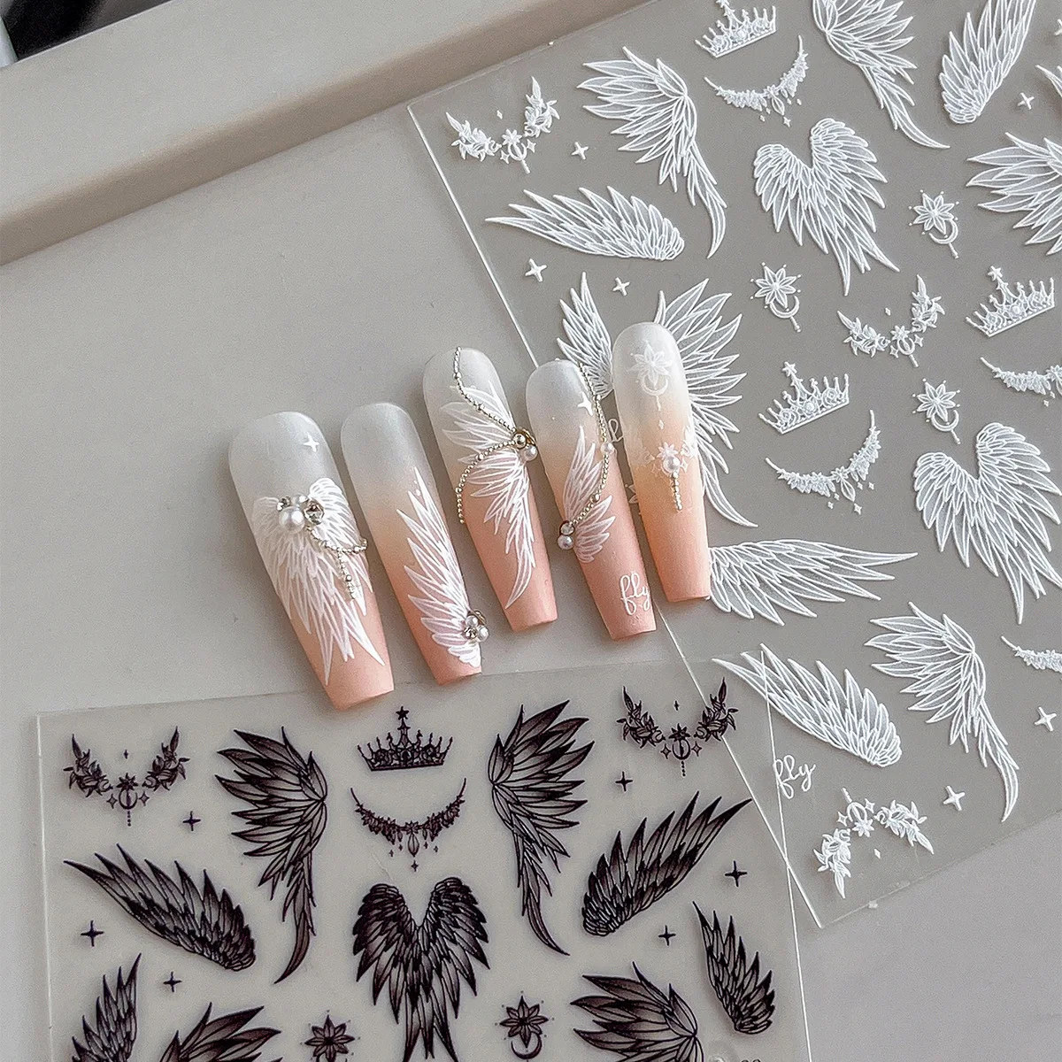3Pcs Mixed 3D Embossed Nail Stickers Ghost Wing Bow Fish Bone Pattern Self‑Adhesive Gothic Sweet DIY Manicure Art Decals