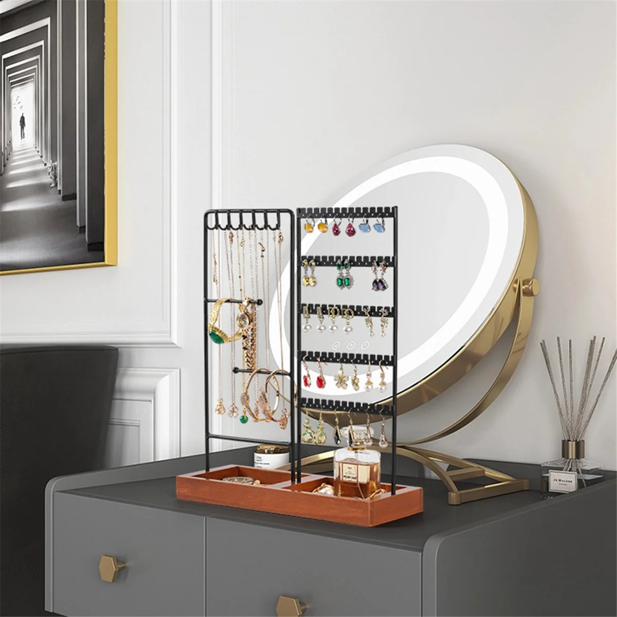 ABQR Earrings Hanger Iron Stand 5 Tier Earrings Rack with Wooden Base for Earrings Necklaces Bracelets Rings-White