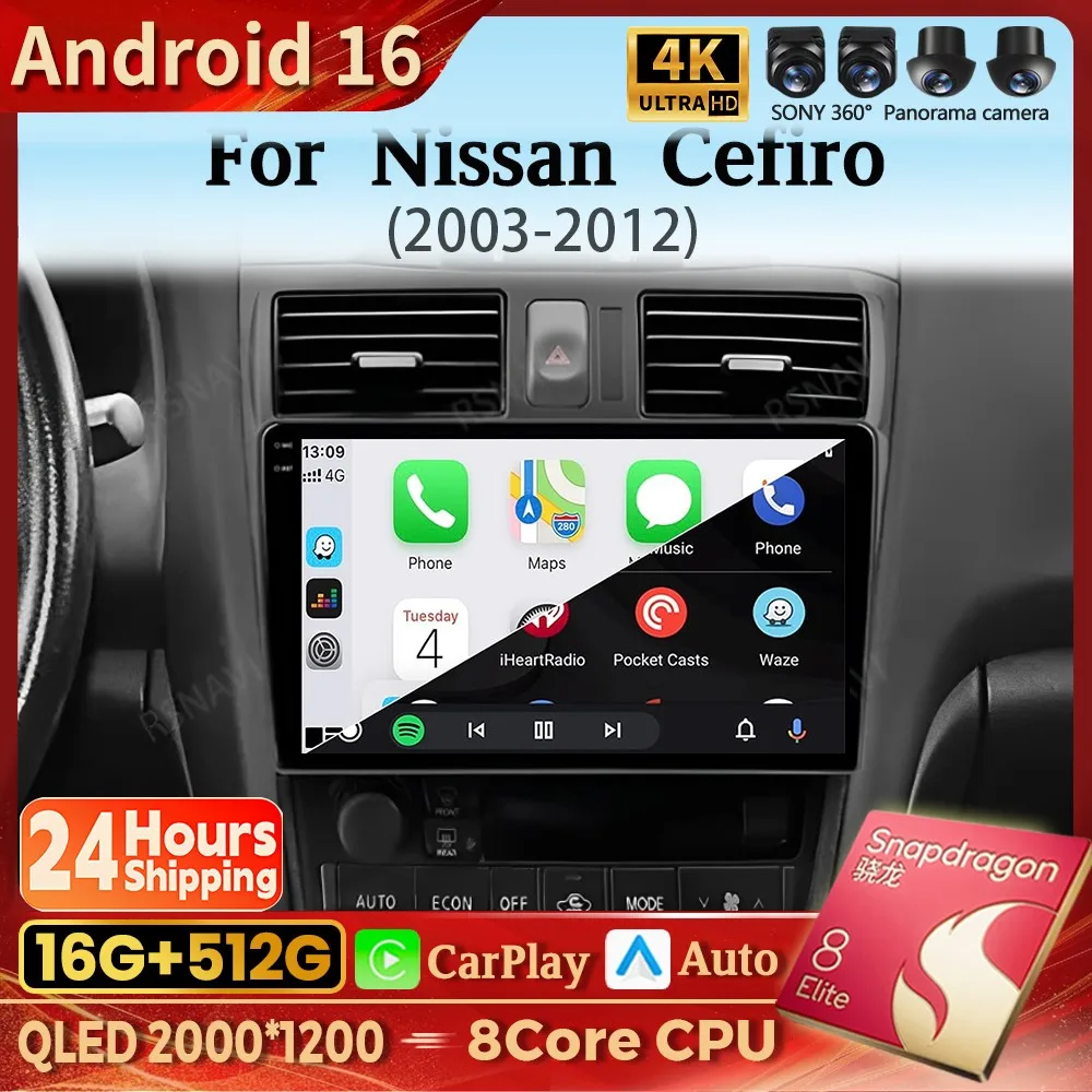 Android 16 Car Radio For Nissan Cefiro A33 1998 1999 - 2003 Carplay Auto Multimedia 2K Screen Video Player GPS Head Unit Stereo
