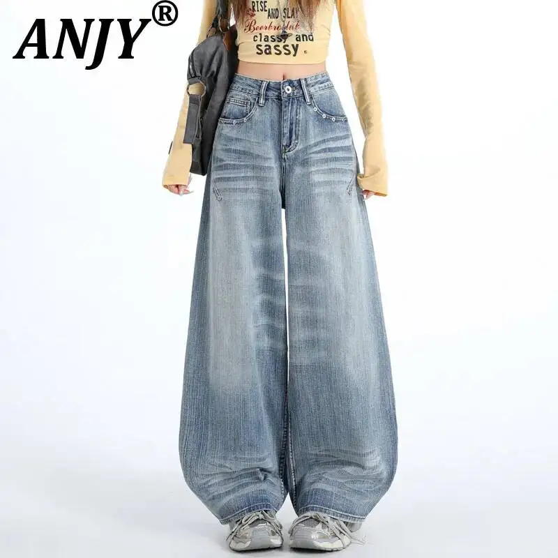 

ANJY Spring Autumn New Women Washed Distressed High Street Embroidered Design Jeans Trendy Versatile Wide-Leg Denim Pants A23069