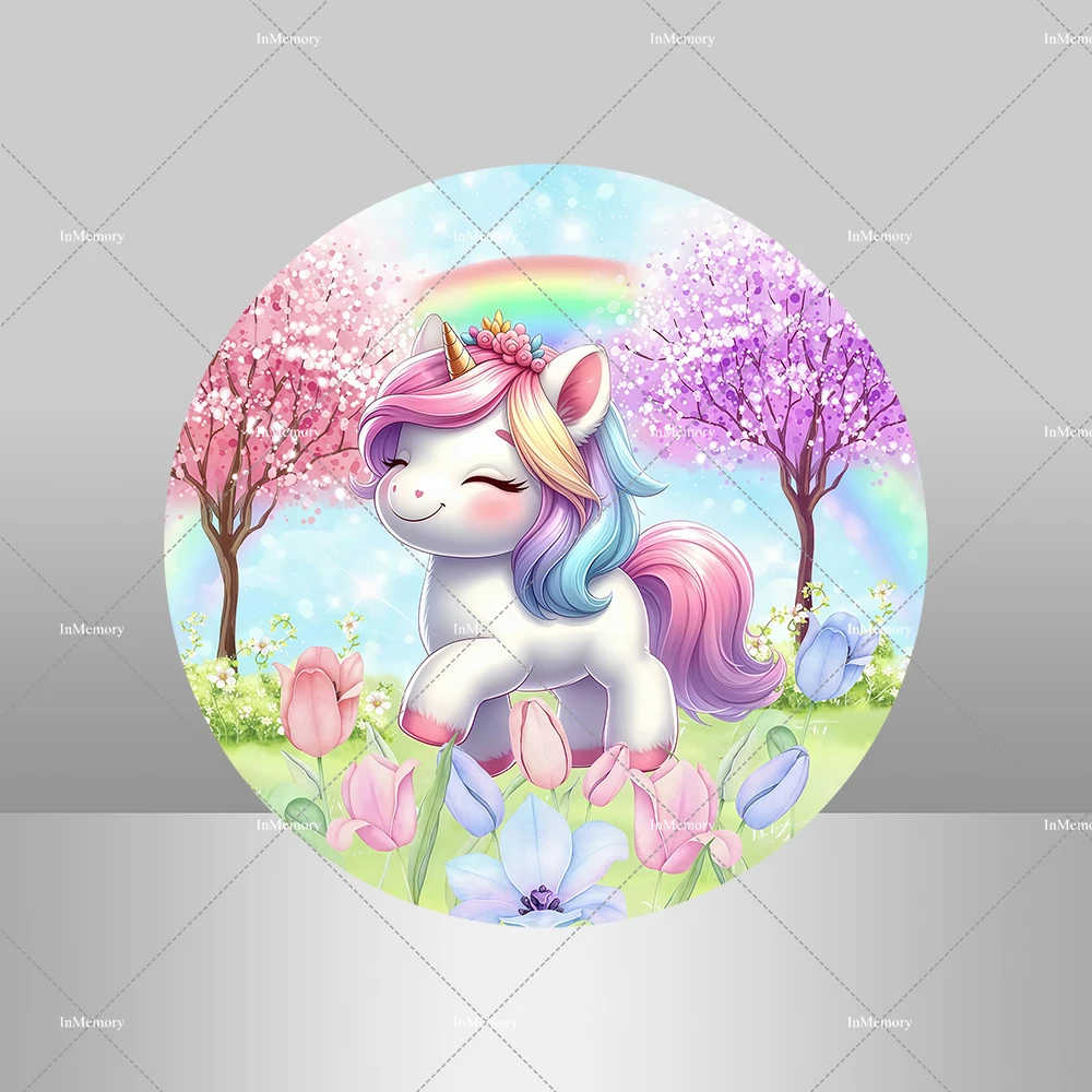 Flower Unicorn Birthday Round Backdrop Cover for Girl Baby Shower Newborn Party Decor Background Custom Rainbow Plinth Covers