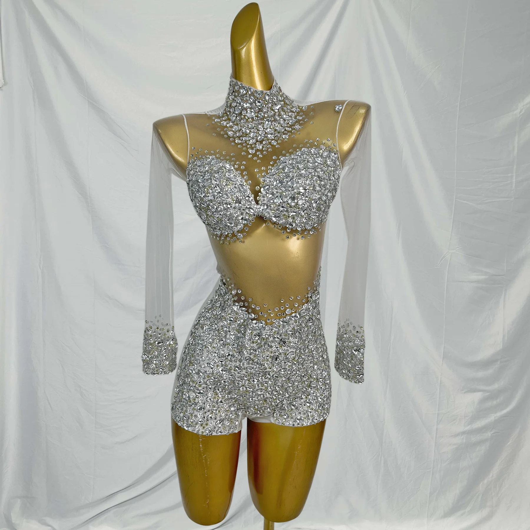 Sexy Long Sleeves Night Club Party Rhinestone Playsuits Ladies One Piece Bodysuit Women Bodycon Jumpsuits Gogo Dancer Outfits