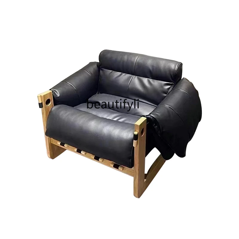 

Single-Seat Sofa Chair Living Room Bedroom Solid Wood Retro Designer Model Leisure Recliner Home Leather Chair