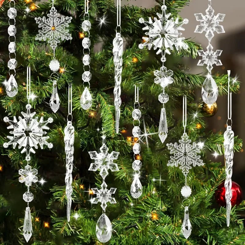 24/5PCS Crystal Clear Snowflake Icicle Pendants Acrylic Christmas Tree Ornament Christmas Holiday Home Party Hanging Decorations