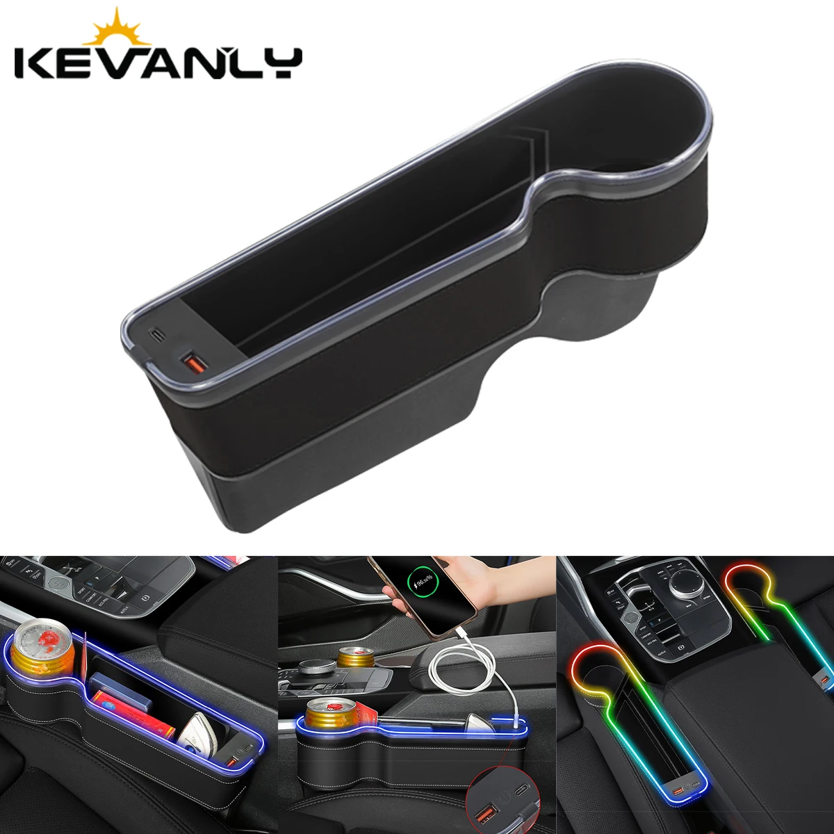 

USB Charging Car Seat Gap Organizer RGB Auto Center Console Storage Box Portable Leather Cup Holder With Atmosphere Light Bar
