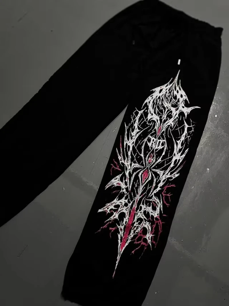 

Модные уличные повседневные мужские широкие брюки с черепом и крестообразным узором, американские брюки в темном стиле Харадзюку, модные мешковатые спортивные брюки