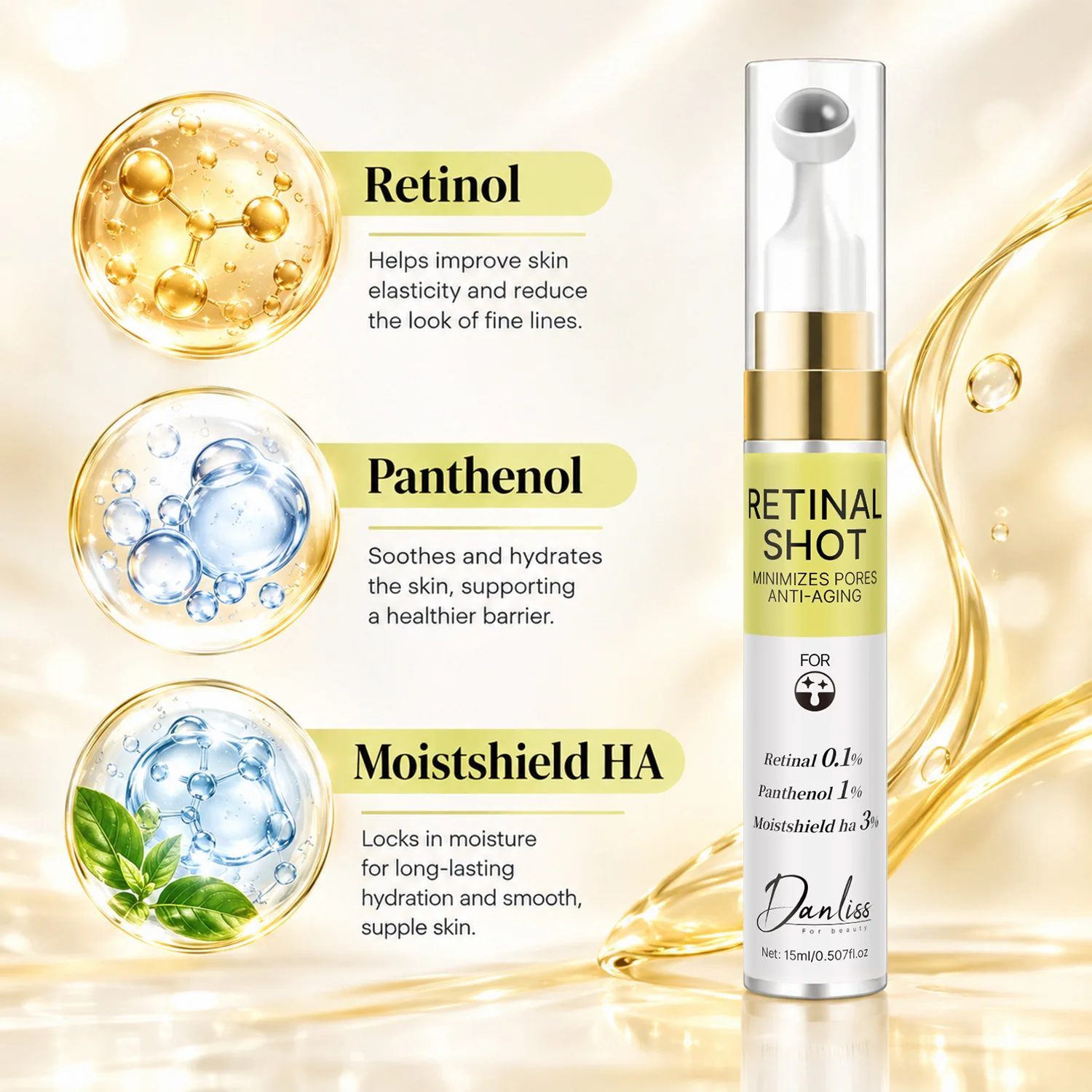 Retinal Shot Serum, 0.1% Retinal 1% Panthenol 3% Hyaluronic Acid, Anti-Aging Pore Minimizer Firming Roller.