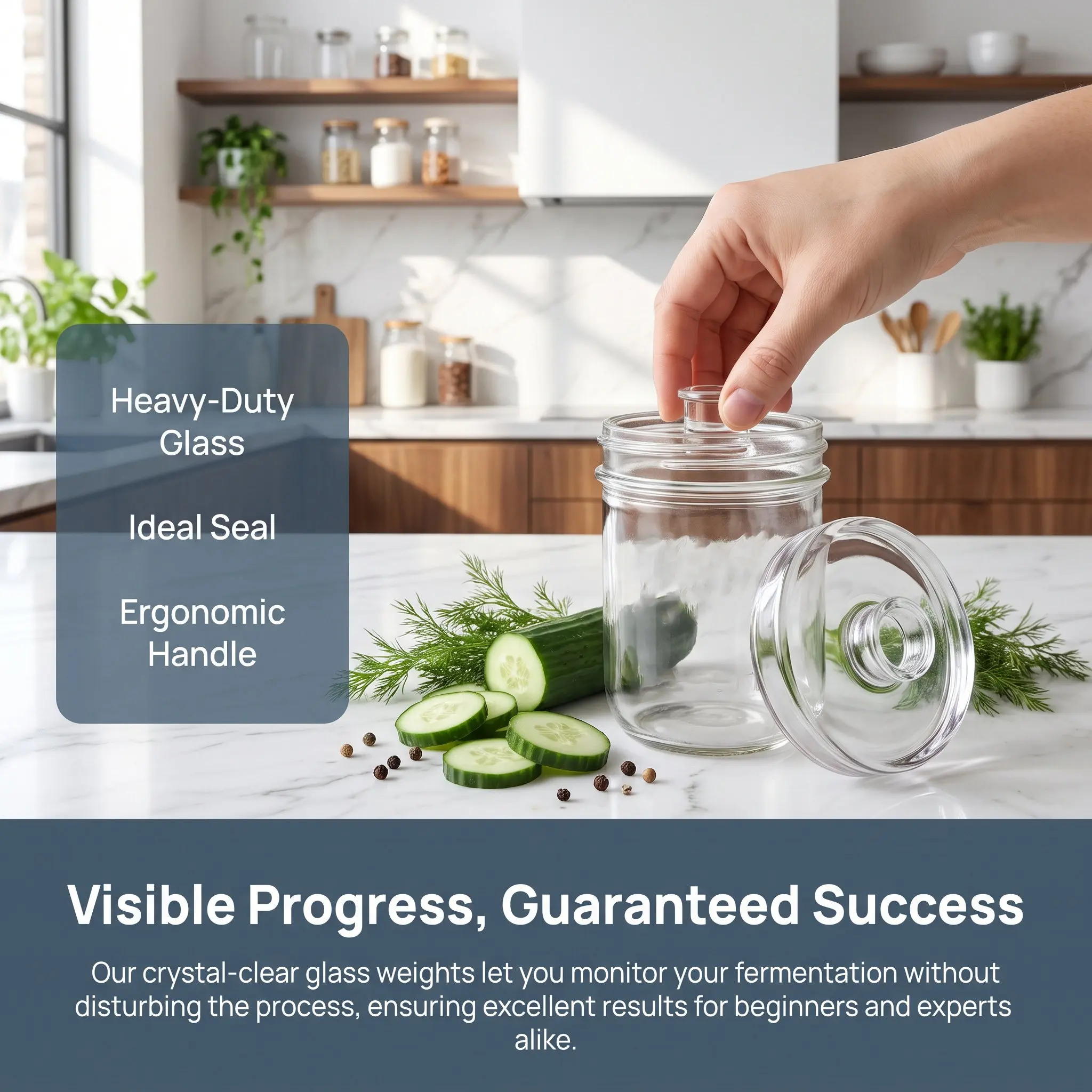 2Pcs Glass Fermentation Weights for Jars Ergonomic Handle Top Thick Clear Heavy Glass Press for Pickling Kimchi Sauerkraut