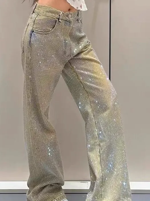 Shiny Rhinestone High Waist Loose Fit Straight Leg Jeans Women's Autumn New Style Fashionable Wide Leg Floor-Length Pants