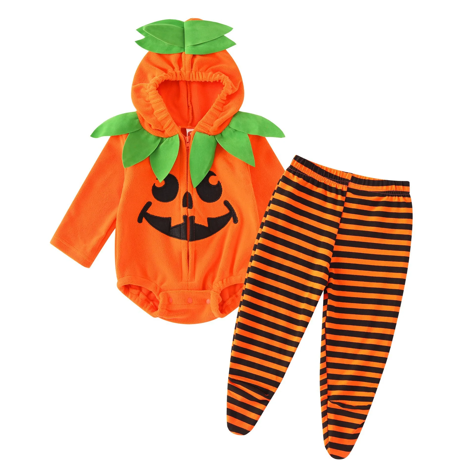 

2025 New Halloween Baby Hooded Pumpkin Costume 2pcs Set 0-12M Infant Fleece Onesie Striped Pants 100 Days Birthday Suit