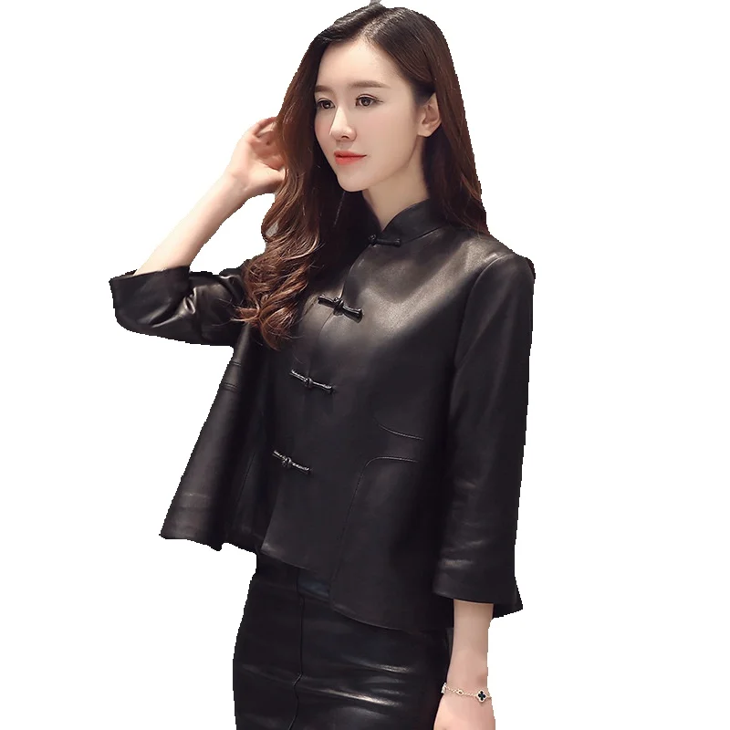 Spring New Women's Genuine Leather Coat Sheepskin Coat Short Standing Collar Chinese Classical Women's Wear