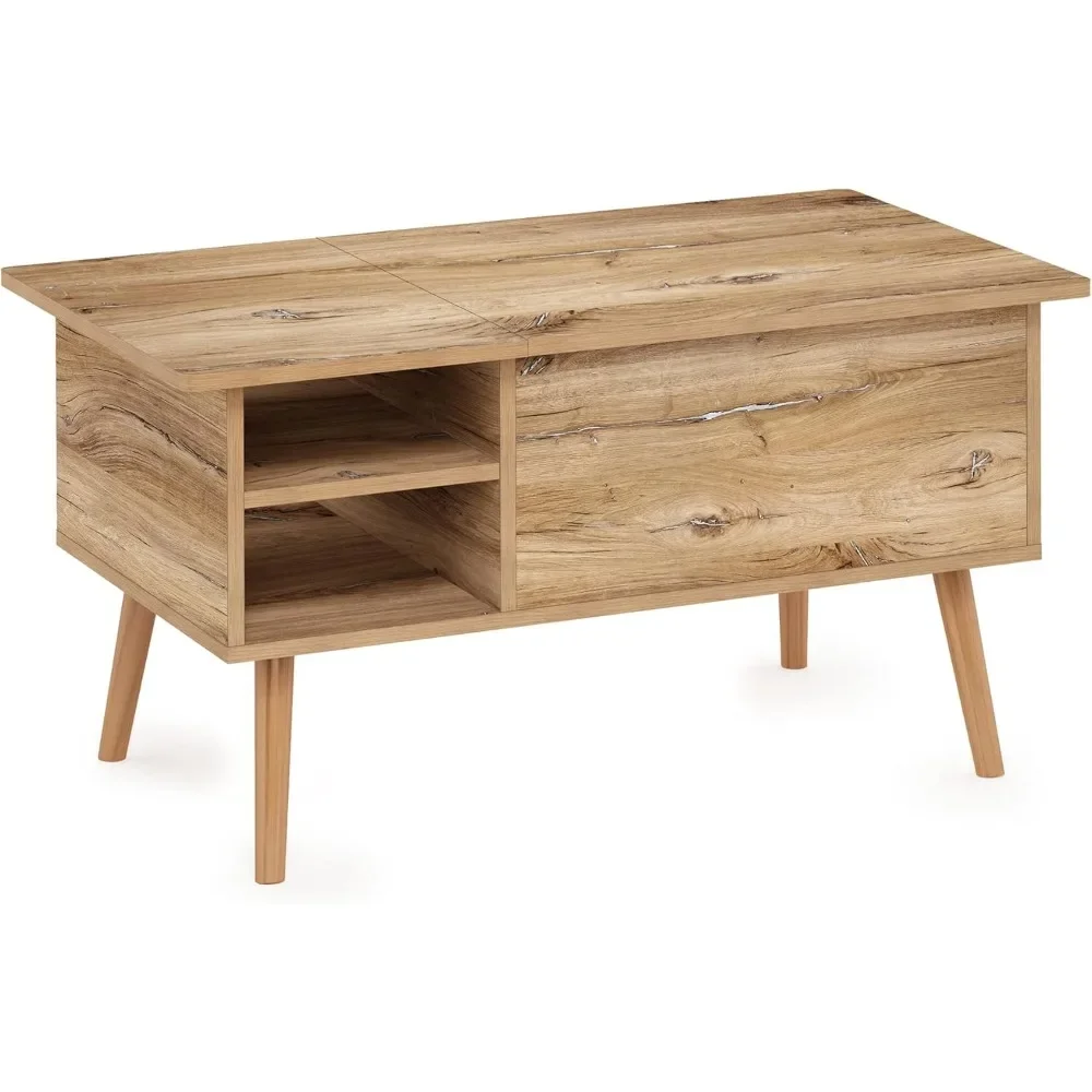 Mesa de centro superior de madera con compartimento oculto, estante de almacenamiento abierto lateral para sala de estar, roble asta