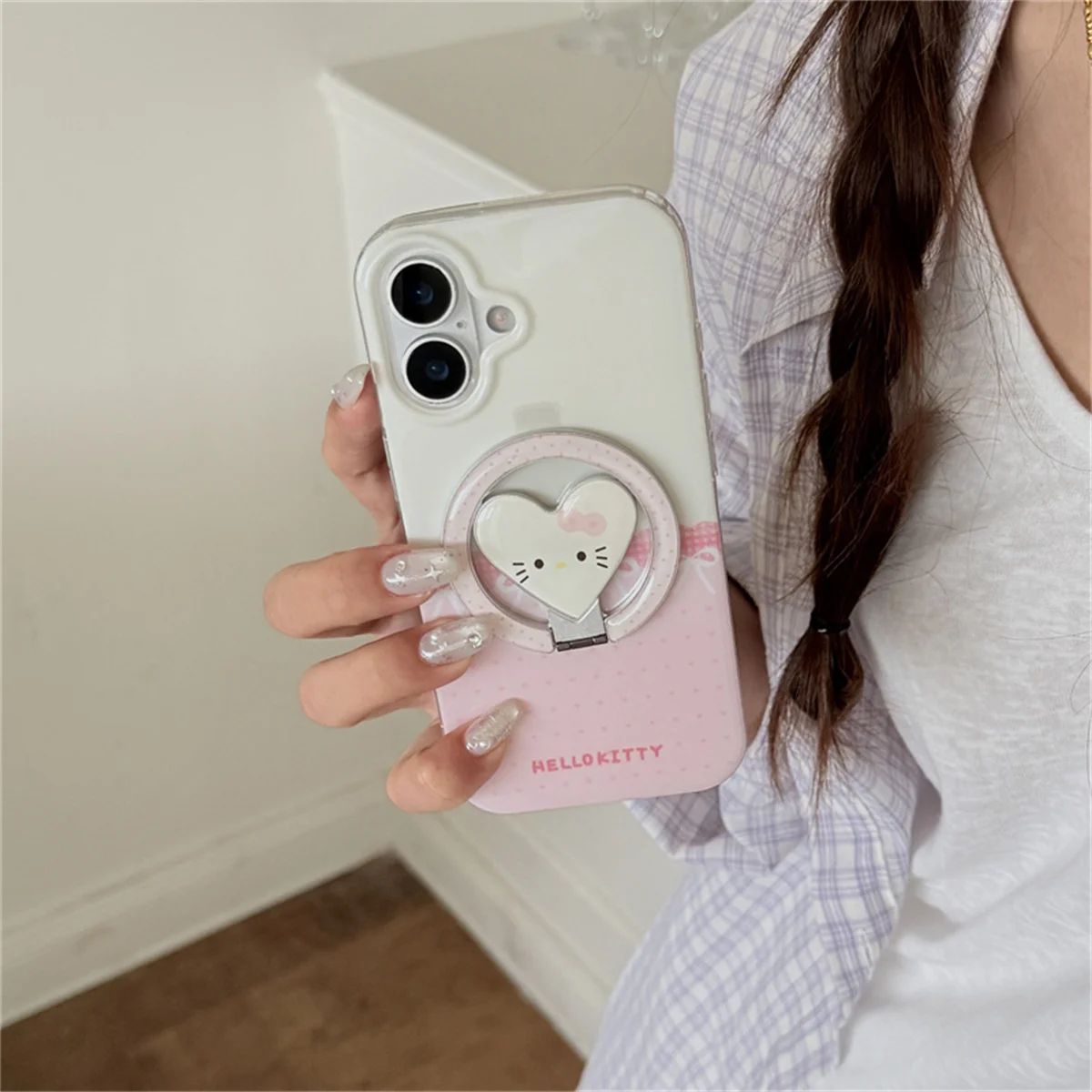 

Simple Pink Polka Dot Magnetic Phone Case For iPhone 16 Pro 15 13 14 Pro Max Back Cover with Love Kitty Stand Cases