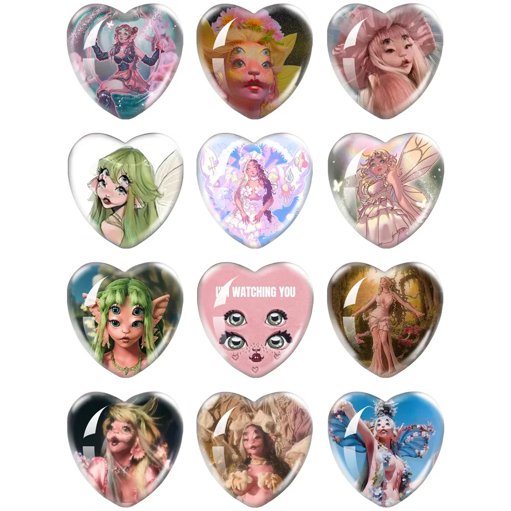 Singers Melanie Martinez Fairy Girl Y2K  12pcs 16mm/18mm/20mm/25mm Photo Glass Cabochon Heart Shape Flat Back Making Findings