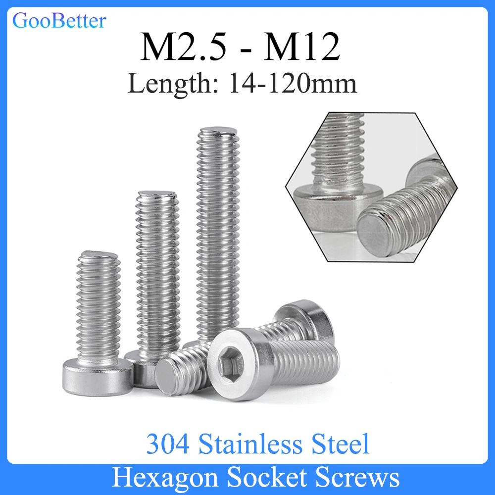 5-100Pcs Hexagon Socket Screws M2.5 M3 M4 M5 M6 M8 M10 M12 304 Stainless Steel Smooth Cap Head Allen Screw Bolts Length=14-120mm