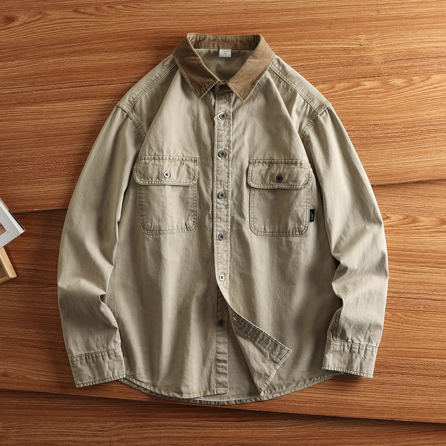 Japanese Style Men's British Cargo Shirt Jacket Casual Short Bomber Outerwear Cotton Washed Turn-Down Collar Lapel Work Coats