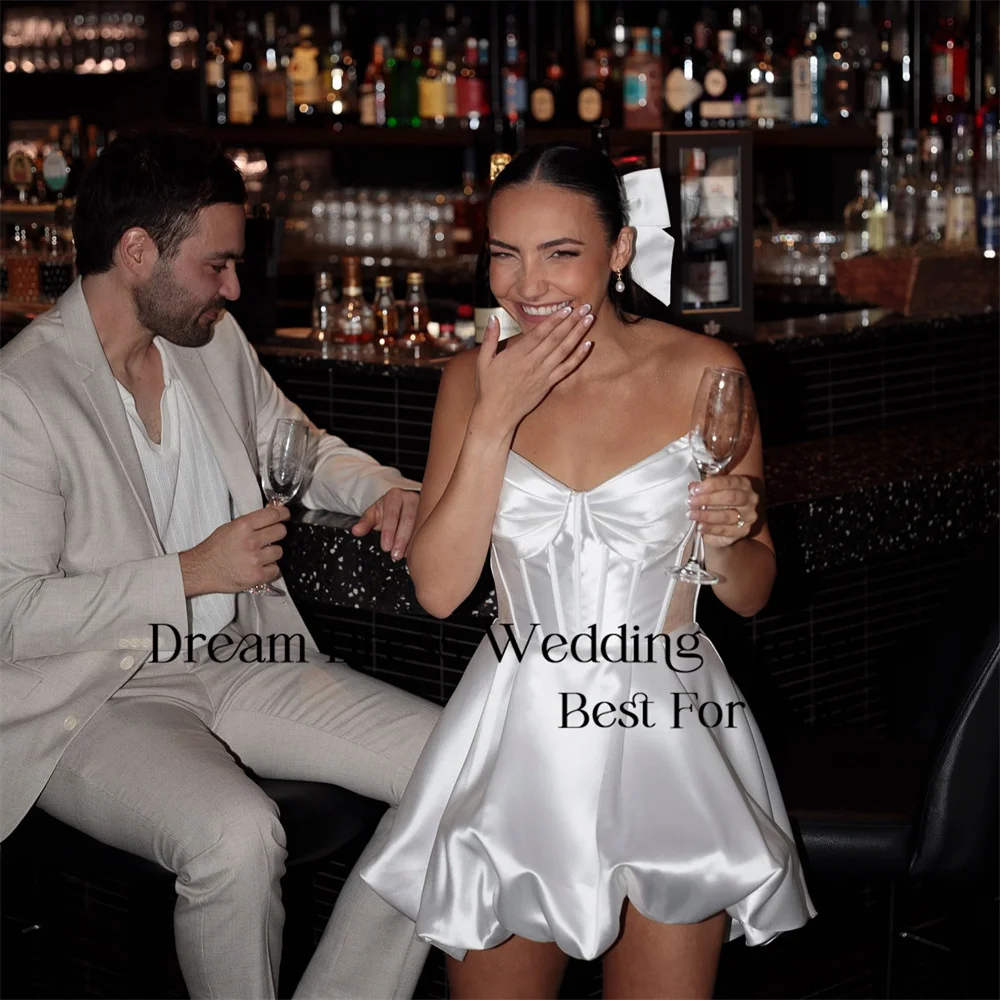 DREAM A-Line Satin Pleat Wedding Dress Women V-Neck Open Back Sleeveless Above-Knee Bridal Gown Vestidos De Novia Customized