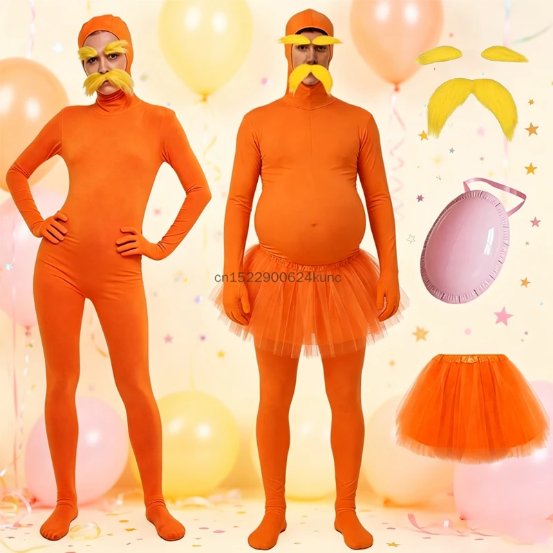 Disfraz de Halloween para Adultos y Niños 2026, Mono Naranja con Bigote y Cejas Amarillos, Disfraz de Cosplay de Alien para Fiesta de Disfraces
