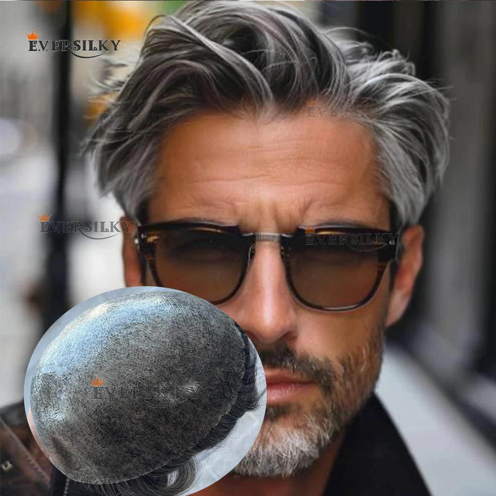 European 1b80 Grey Soft Wavy Black Brown Blonde Human Hair Durable Thin 0.1mm Skin Injection PU Base Toupee for Bald Male Patch