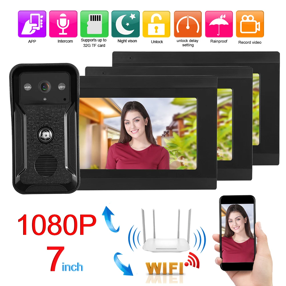 7 pulgadas con cable Wifi 3 monitores 1080P HD Video sistema de Control de puerta timbre portero visión nocturna conexión estable cámara intercomunicador