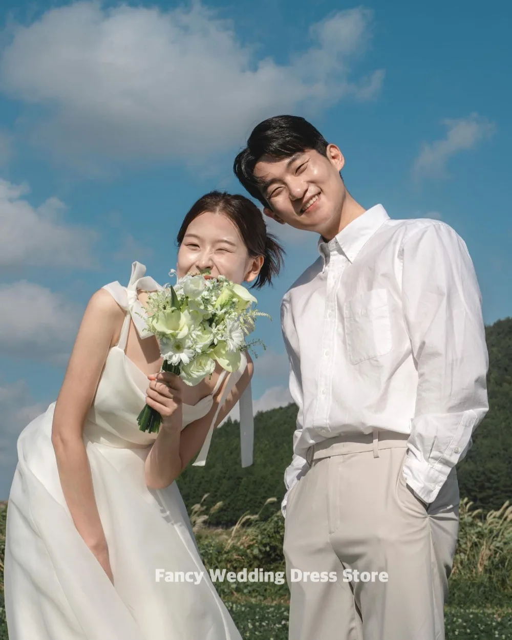 Vestido de novia elegante de corte A, color marfil, Corea, sesión de fotos, tirantes finos, sin mangas, vestido de novia de Organza personalizado