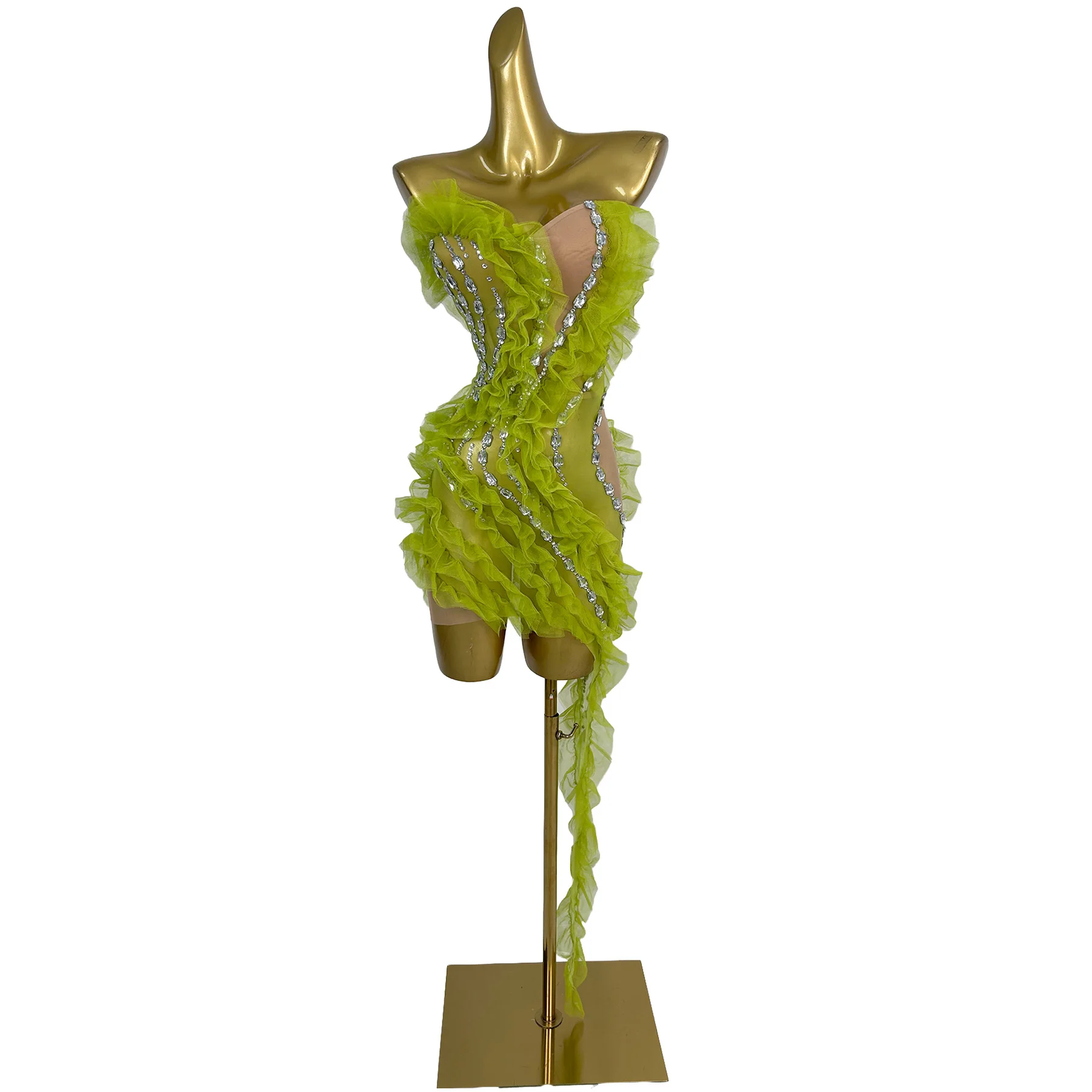 

Shuizao Sparkly Lime Green Ruffle Rhinestone Strapless Mesh Dress Perfect for Festival Outfits and Nightclub Stage Shows
